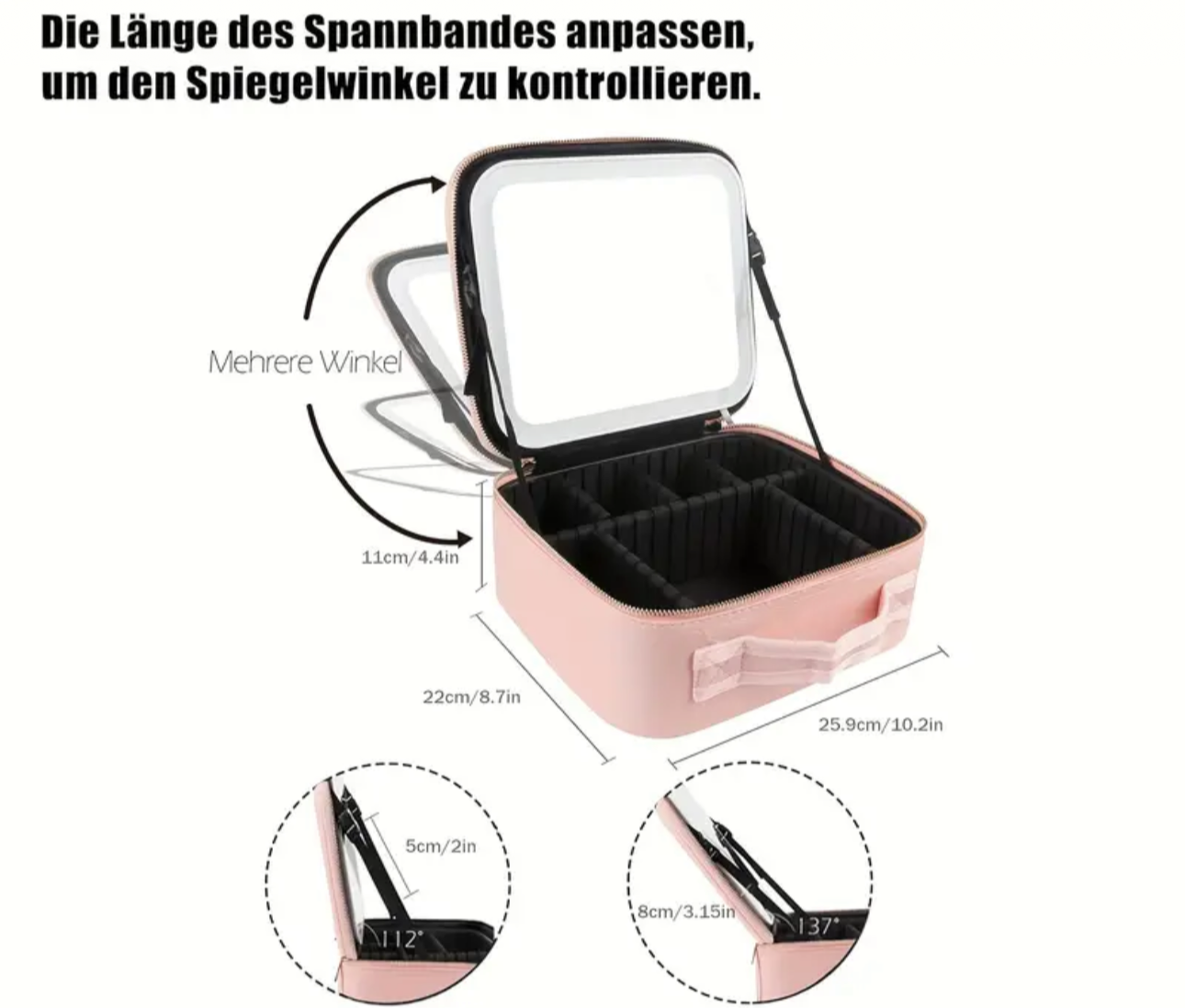 Cosmetic travel makeup case with LED mirror