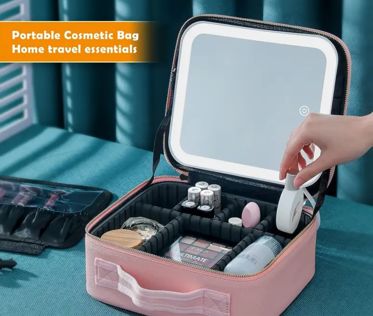Cosmetic travel makeup case with LED mirror