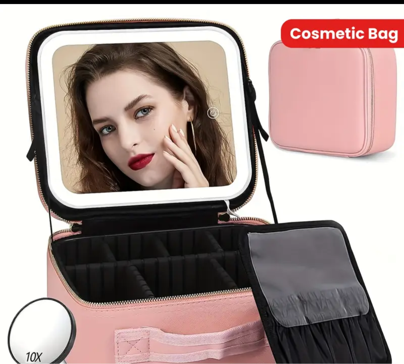 Cosmetic travel makeup case with LED mirror