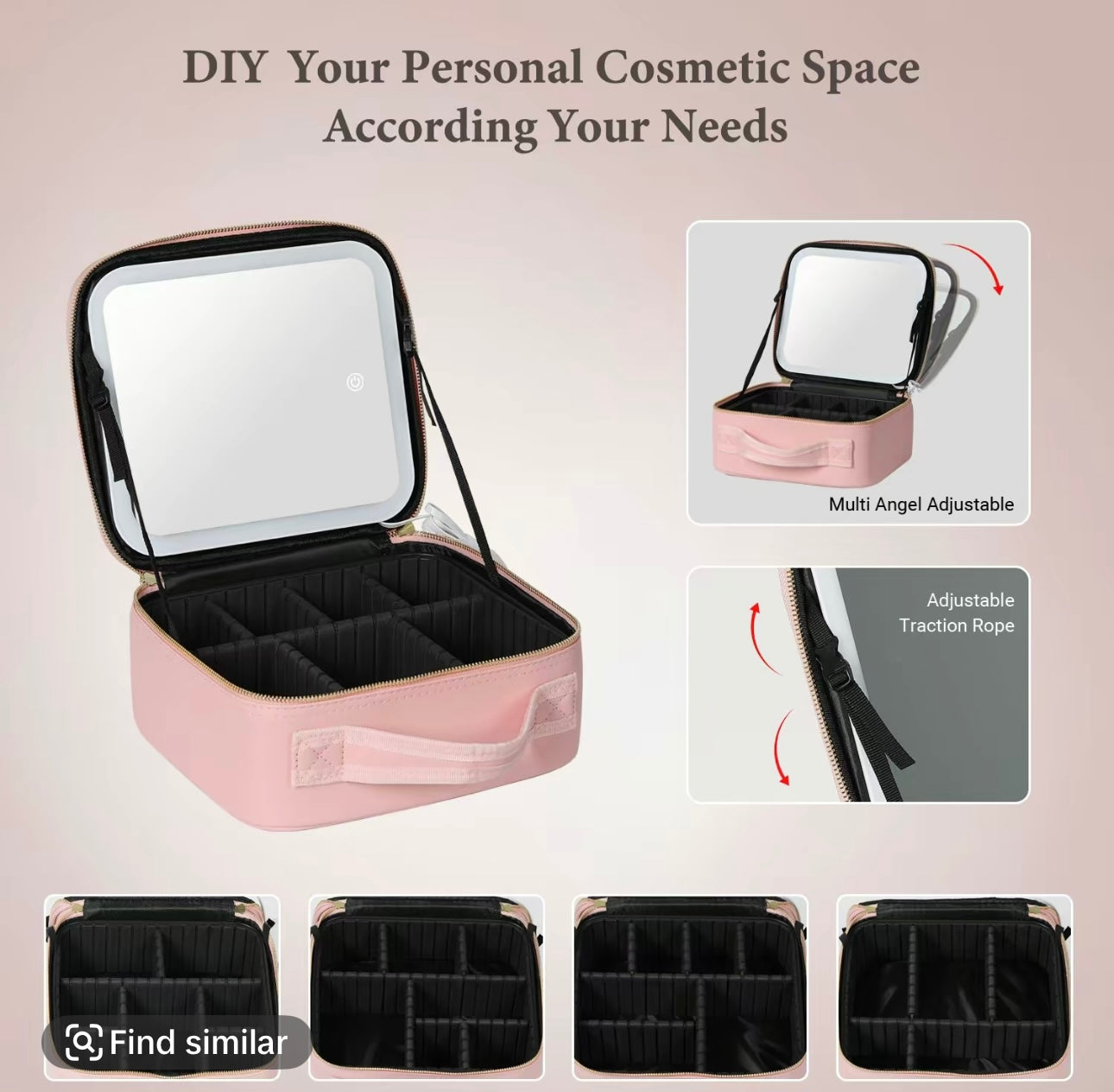 Cosmetic travel makeup case with LED mirror